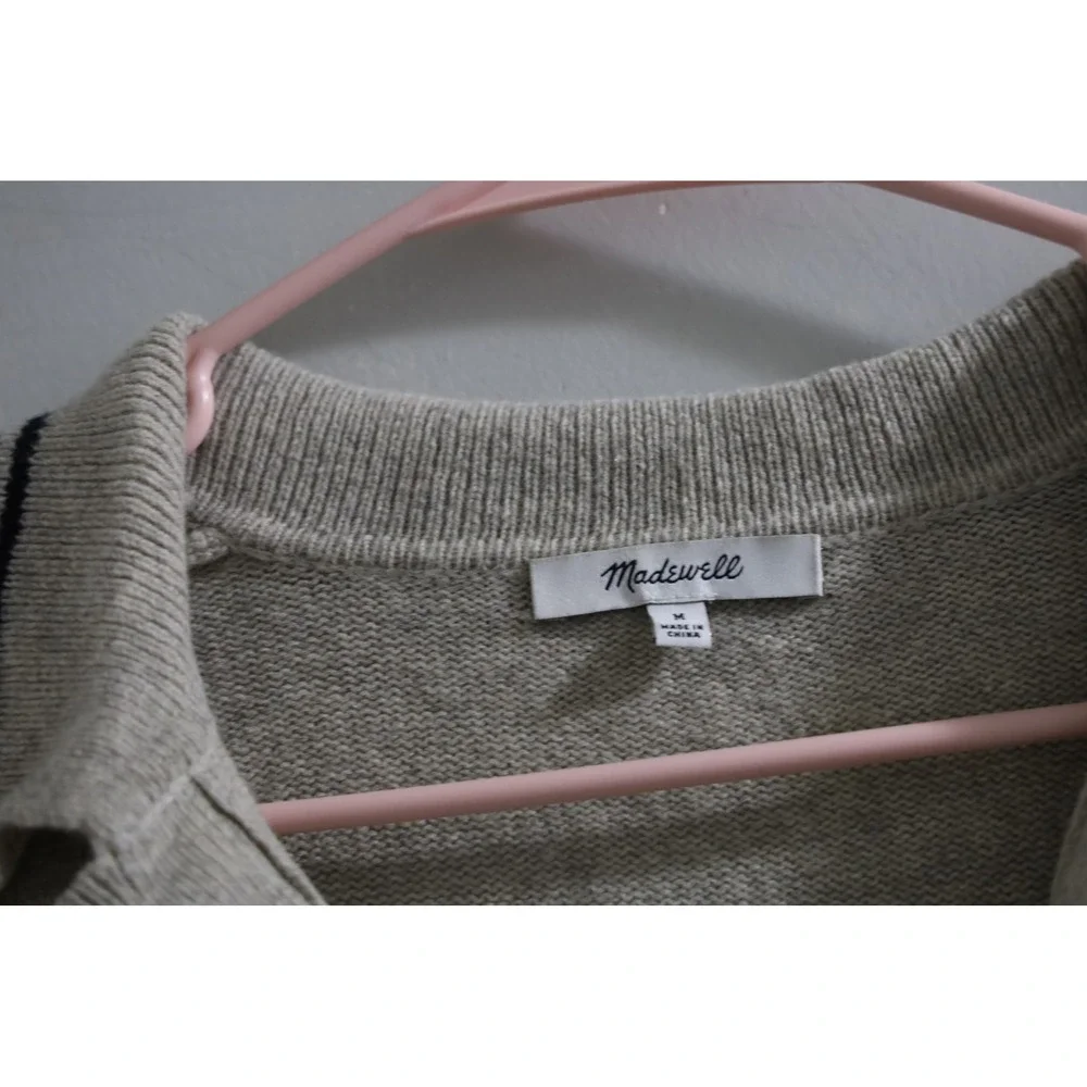 Madewell Merino Wool Blend Polo Sweater Oatmeal Heather Navy Stripe Size M